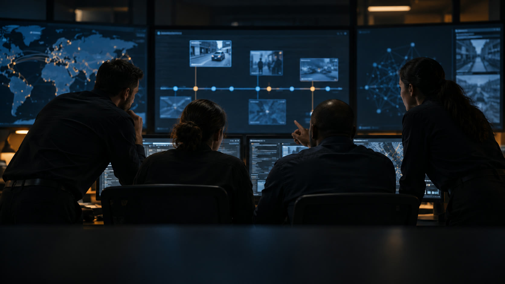 Illustration of responders reviewing network activity on dark monitors